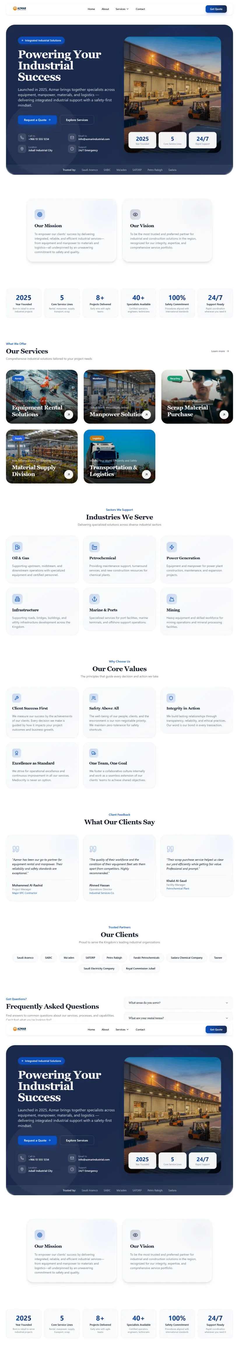 Azmar Industrial homepage, top to bottom