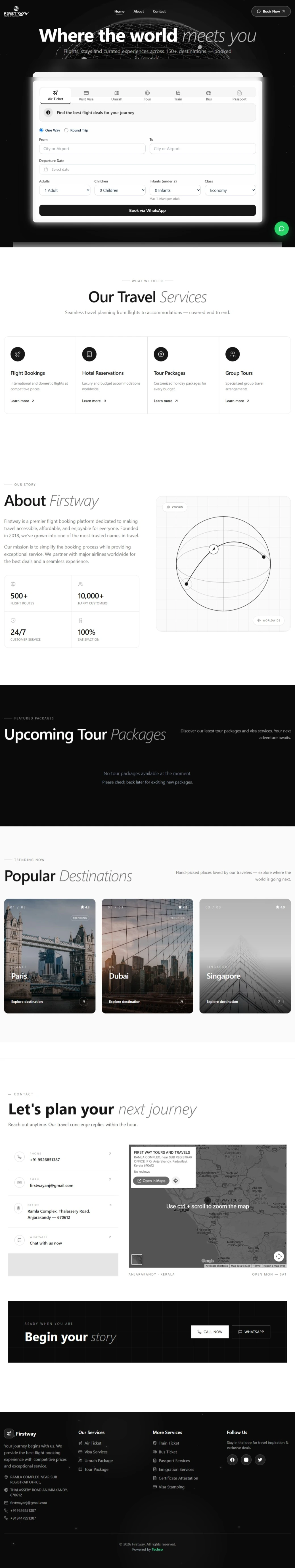 FirstWayBooking homepage, top to bottom