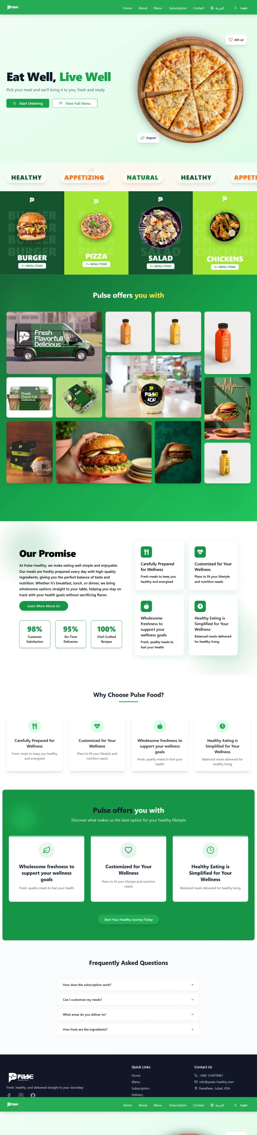 Pulse Food homepage, top to bottom