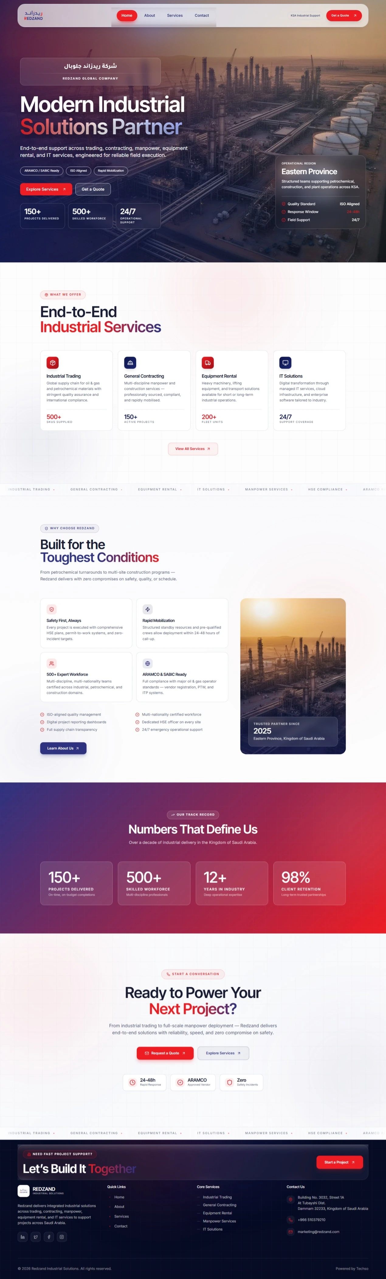 Redzand homepage, top to bottom