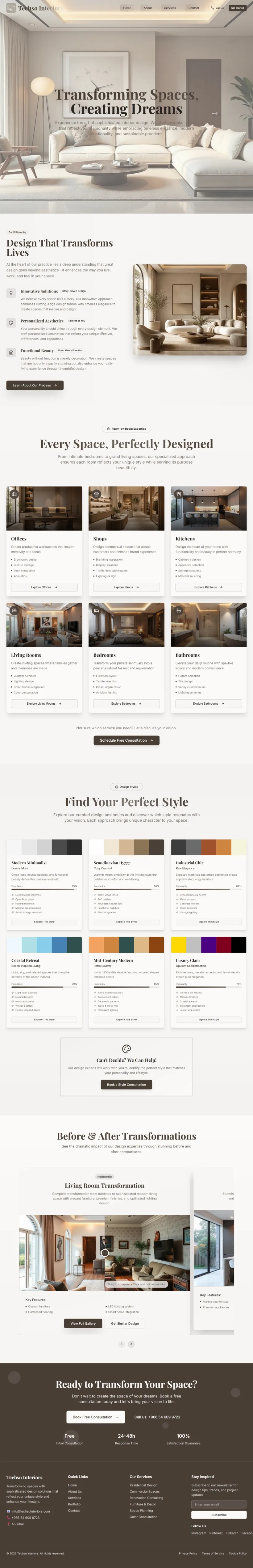 Techso Interiors homepage, top to bottom